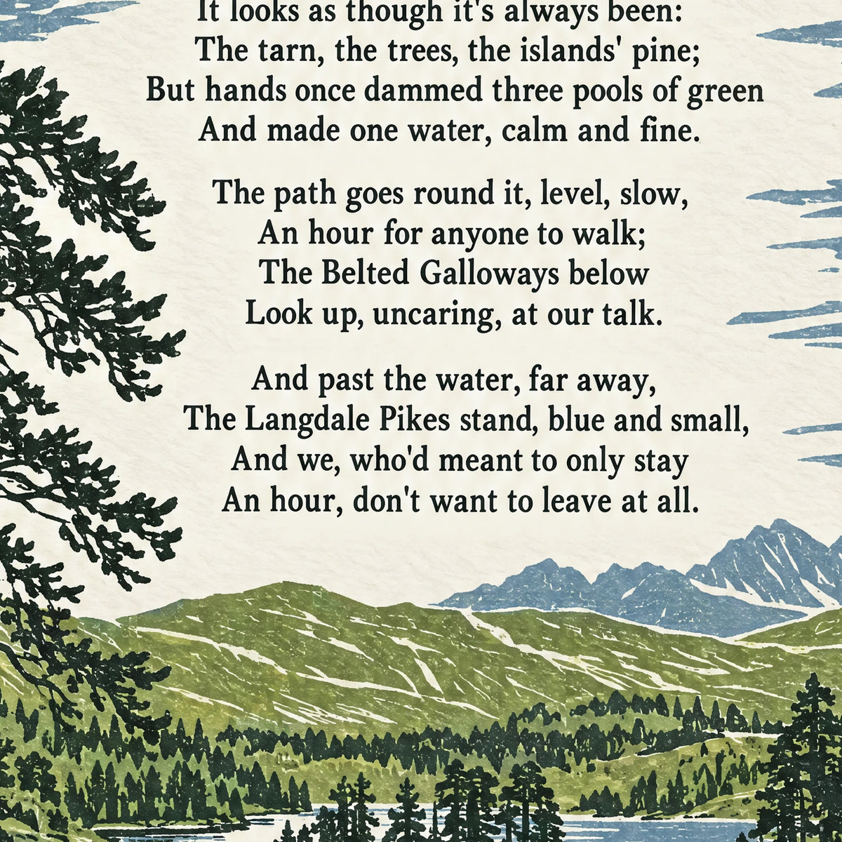 Tarn Hows poem print close-up: the lettering of the poem