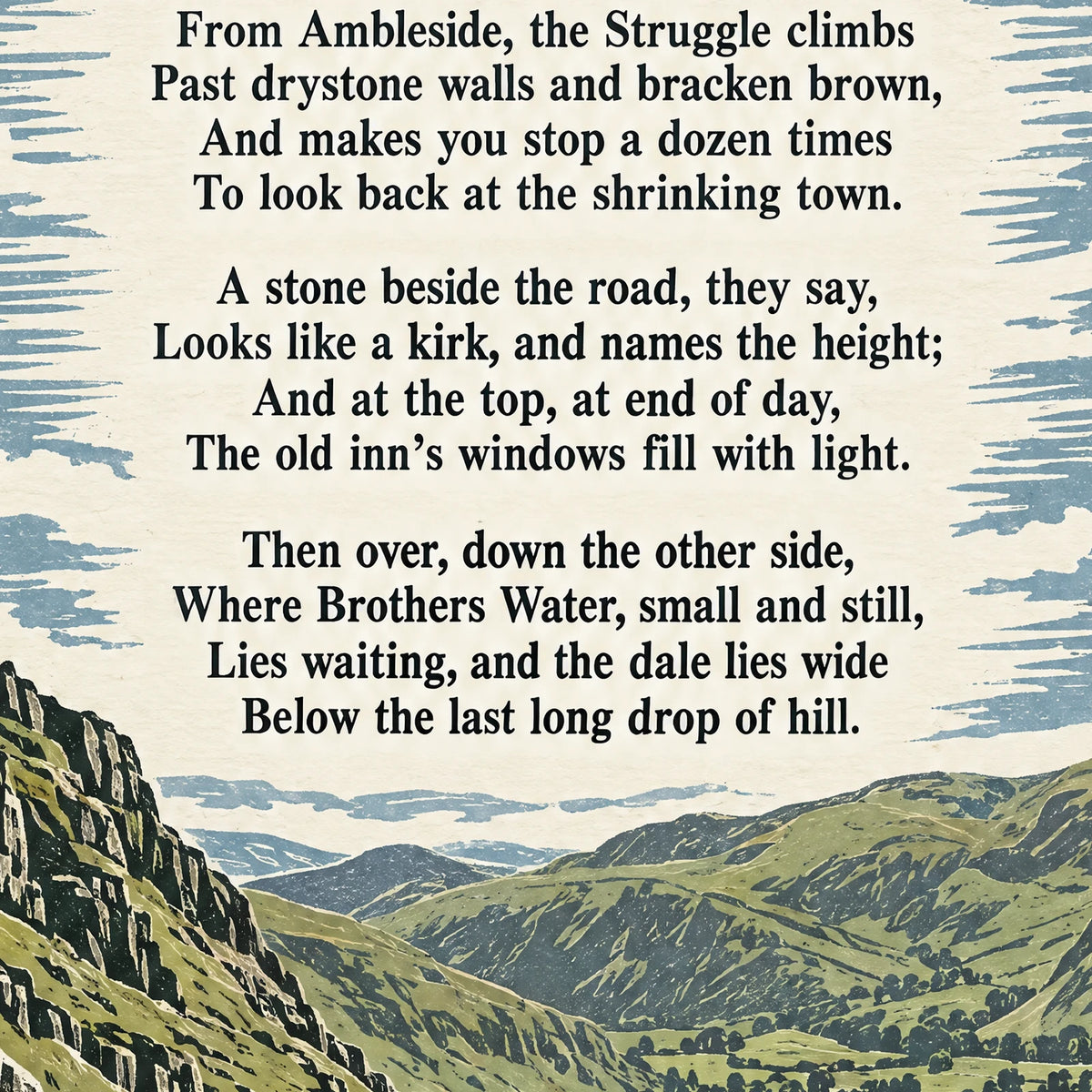 Kirkstone Pass poem print close-up: the lettering of the poem