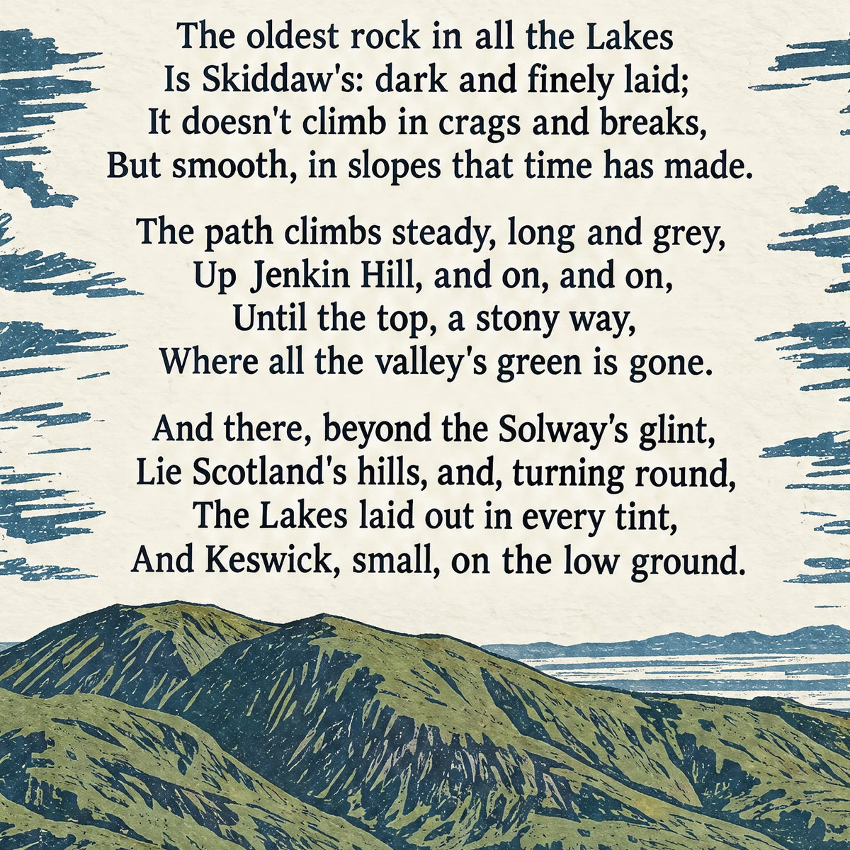 Skiddaw poem print close-up: the lettering of the poem