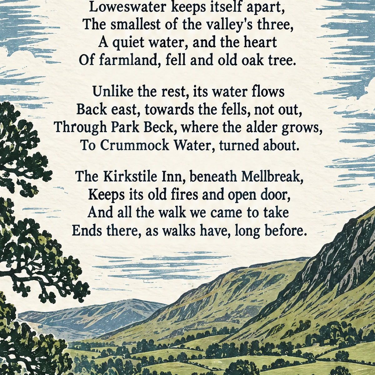 Loweswater poem print close-up: the lettering of the poem