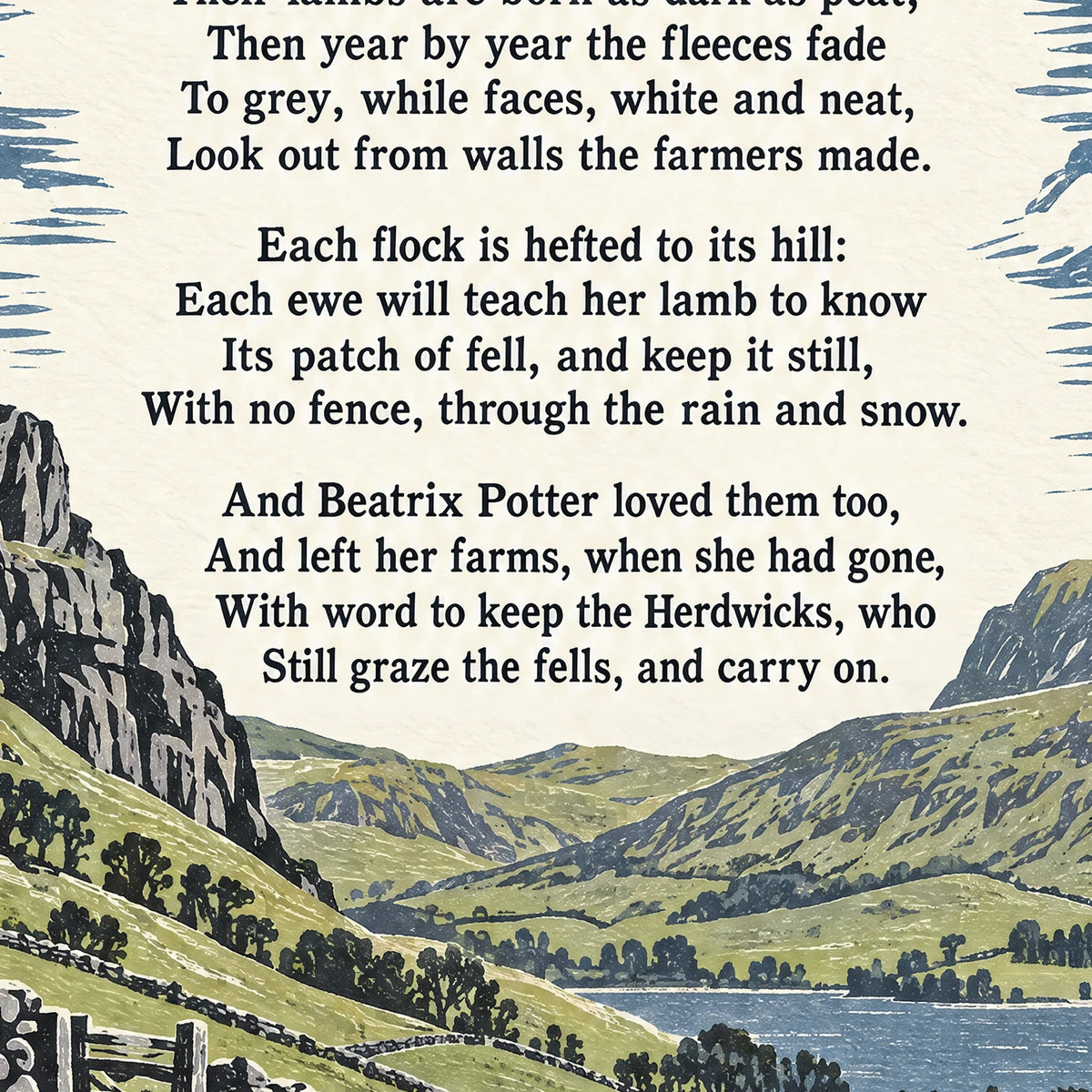 Herdwick Sheep poem print close-up: the lettering of the poem