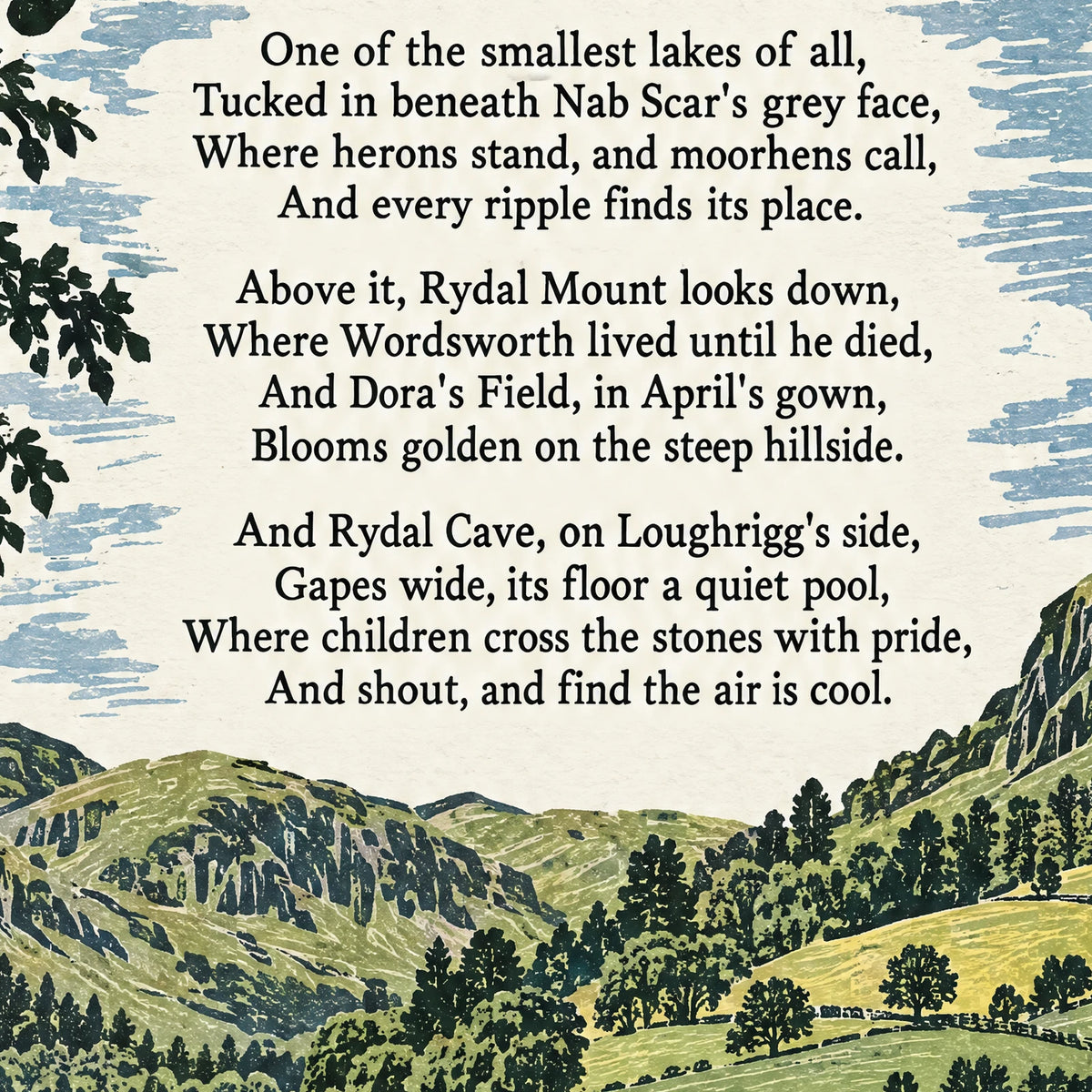 Rydal Water poem print close-up: the lettering of the poem