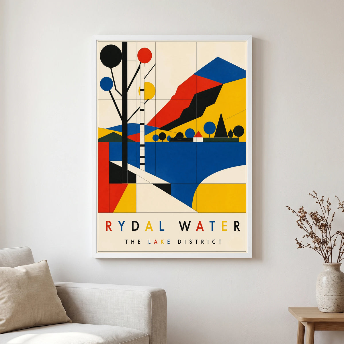 Rydal Water travel poster in a white frame, hanging in a living2