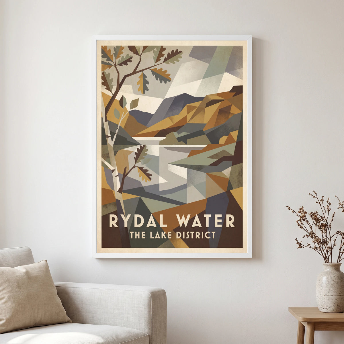 Rydal Water travel poster in a white frame, hanging in a living2