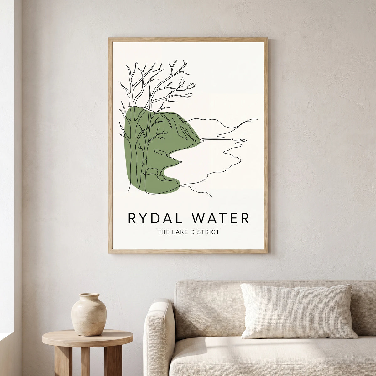 Rydal Water travel poster in a natural frame, hanging in a living