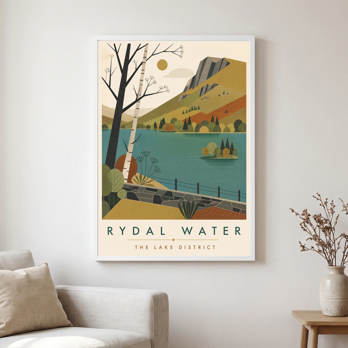 Rydal Water travel poster in a white frame, hanging in a living2