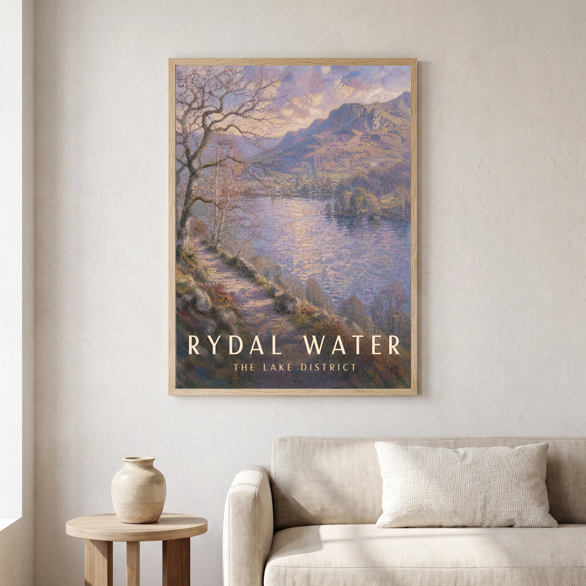 Rydal Water travel poster in a natural frame, hanging in a living