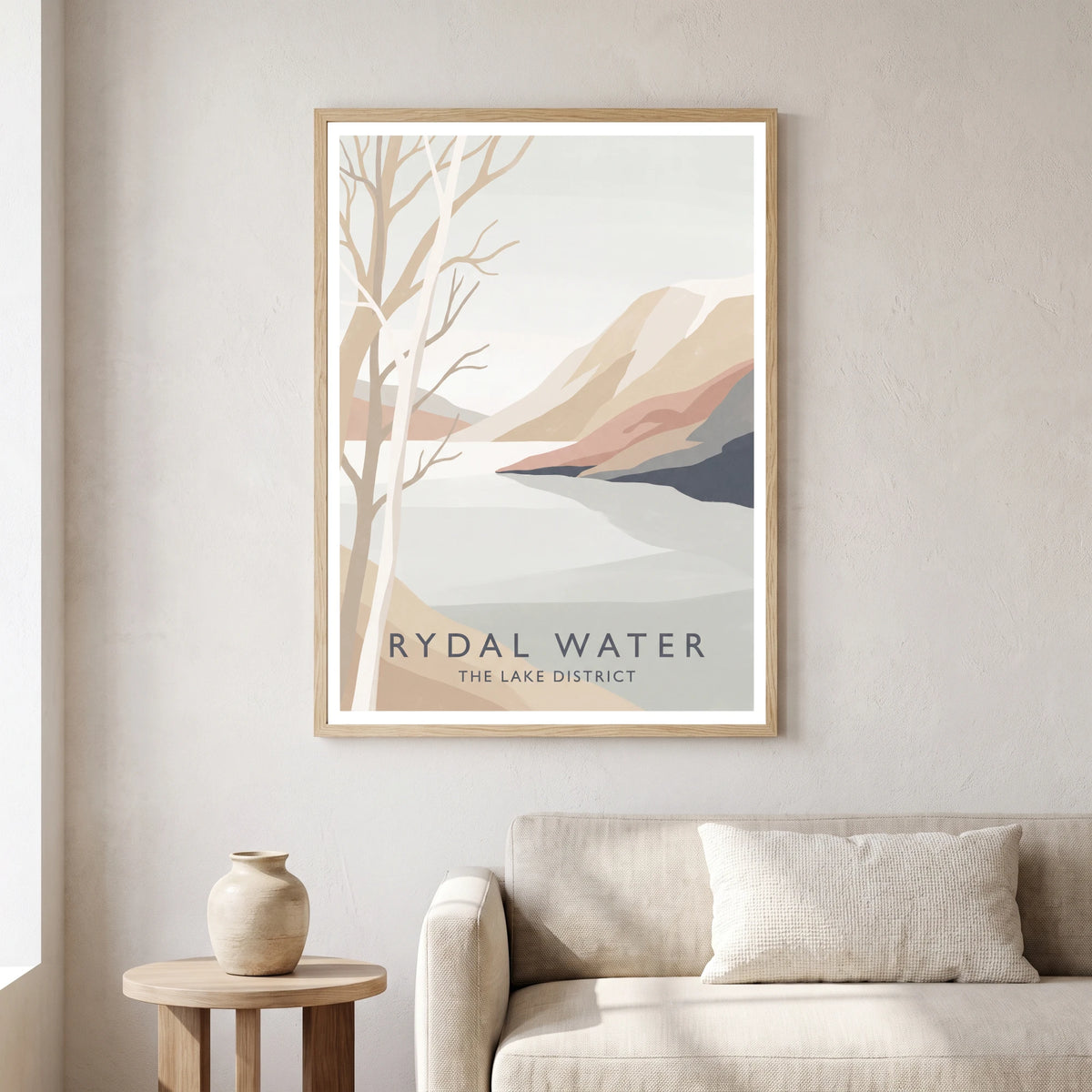 Rydal Water travel poster in a natural frame, hanging in a living
