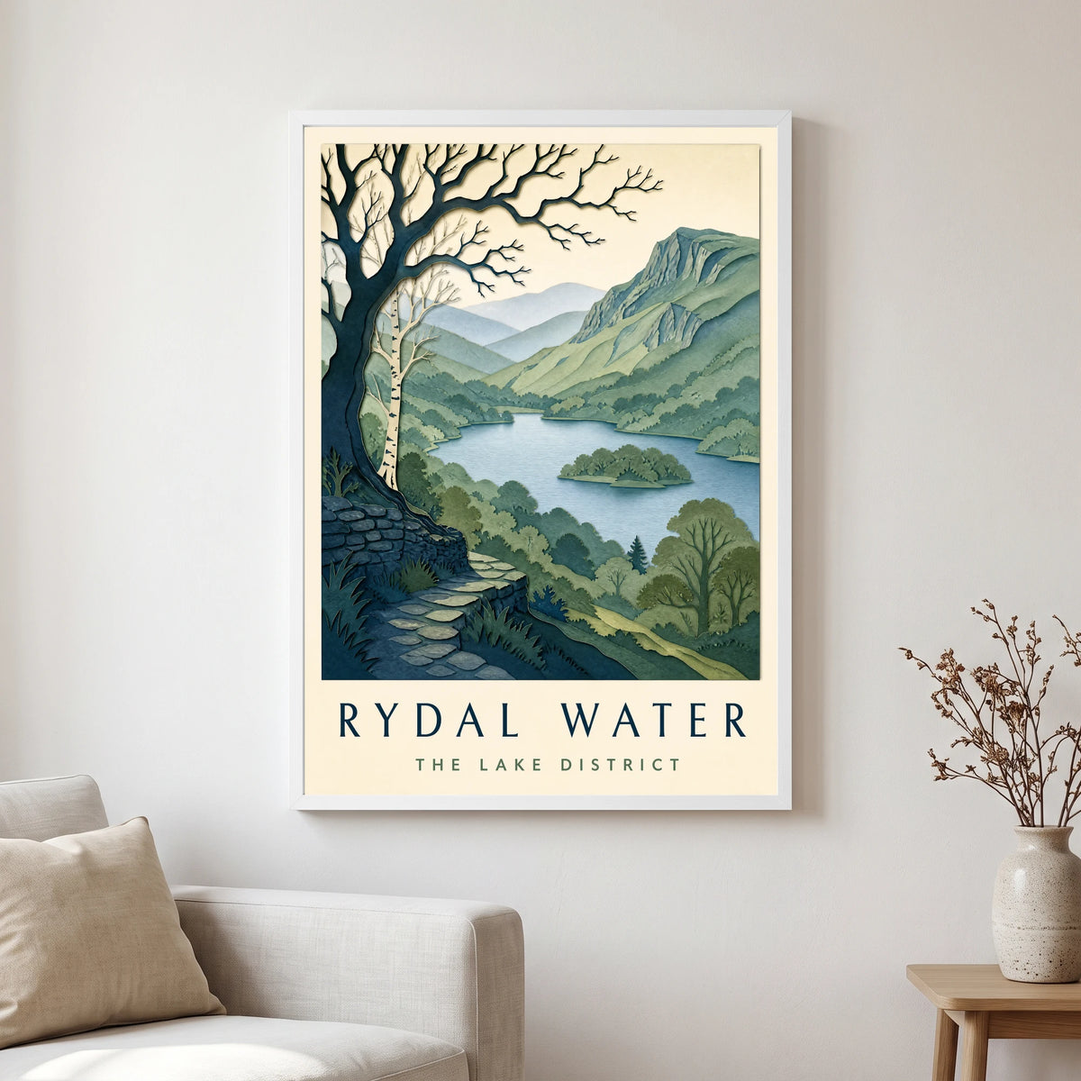 Rydal Water travel poster in a white frame, hanging in a living2