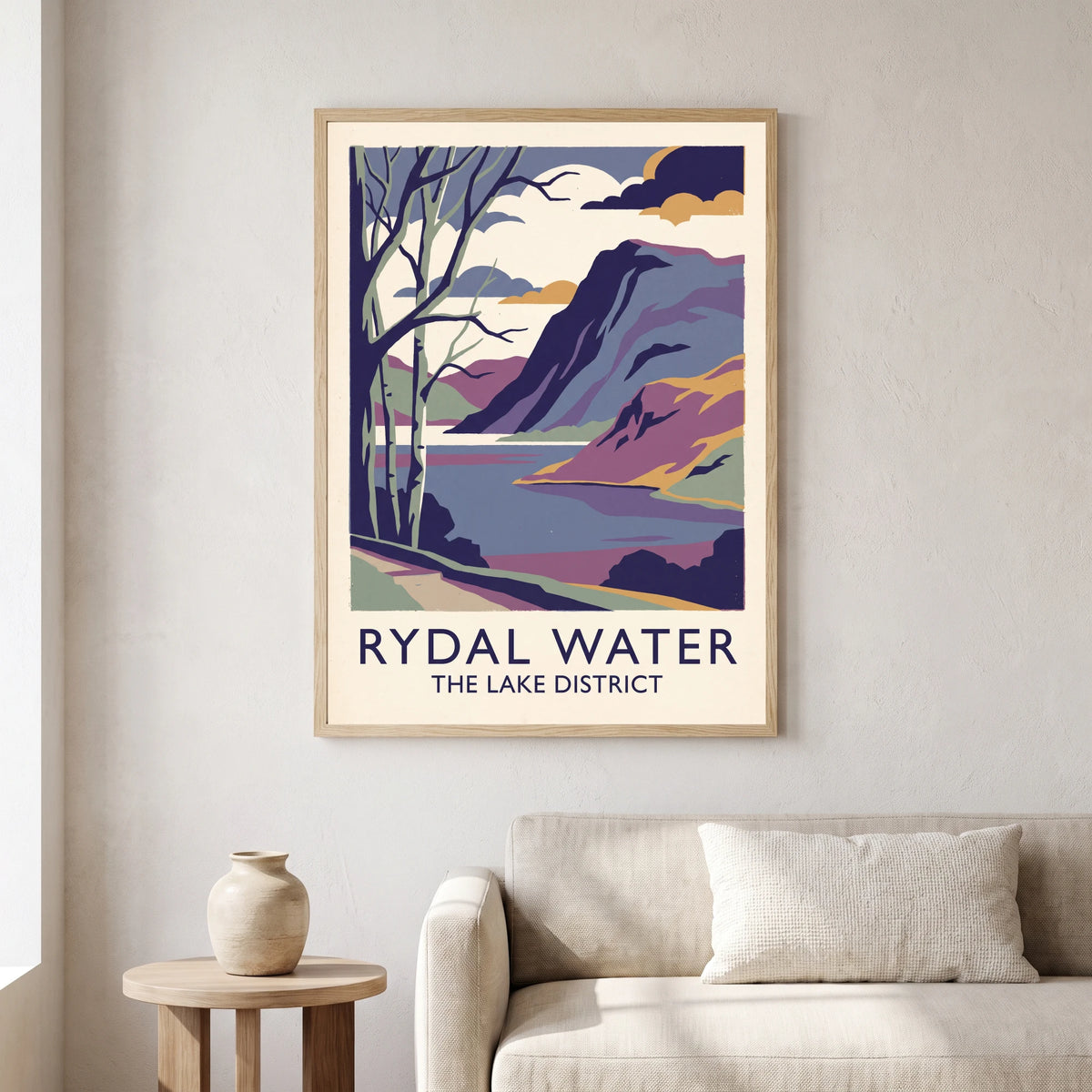 Rydal Water travel poster in a natural frame, hanging in a living