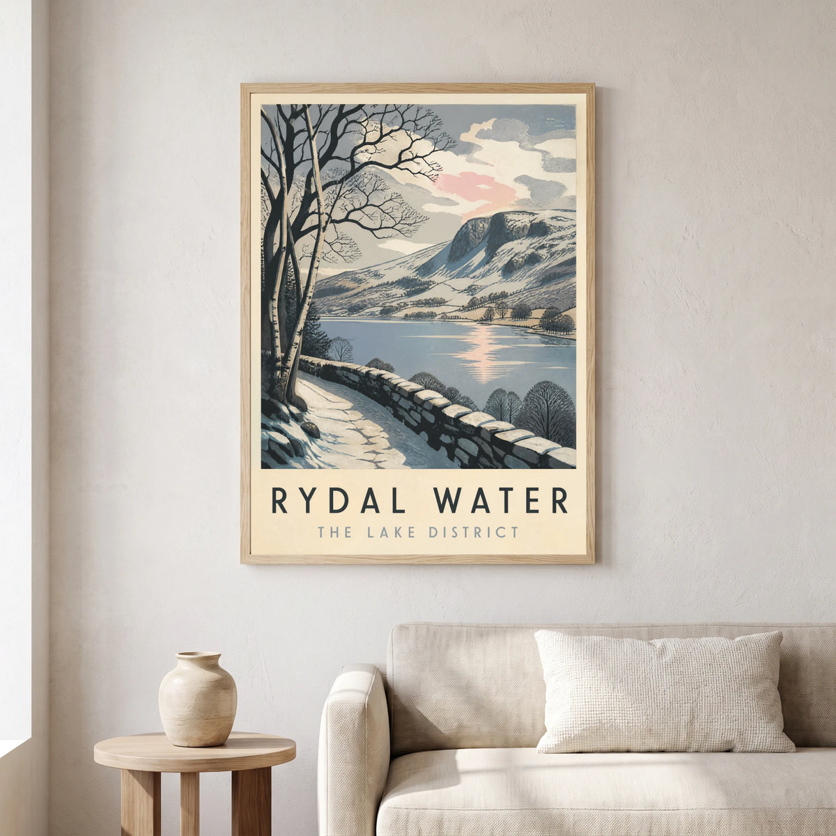 Rydal Water travel poster in a natural frame, hanging in a living