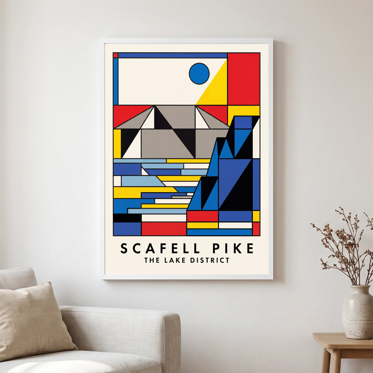 Scafell Pike travel poster in a white frame, hanging in a living2