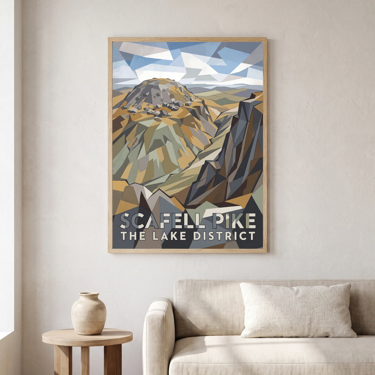Scafell Pike travel poster in a natural frame, hanging in a living