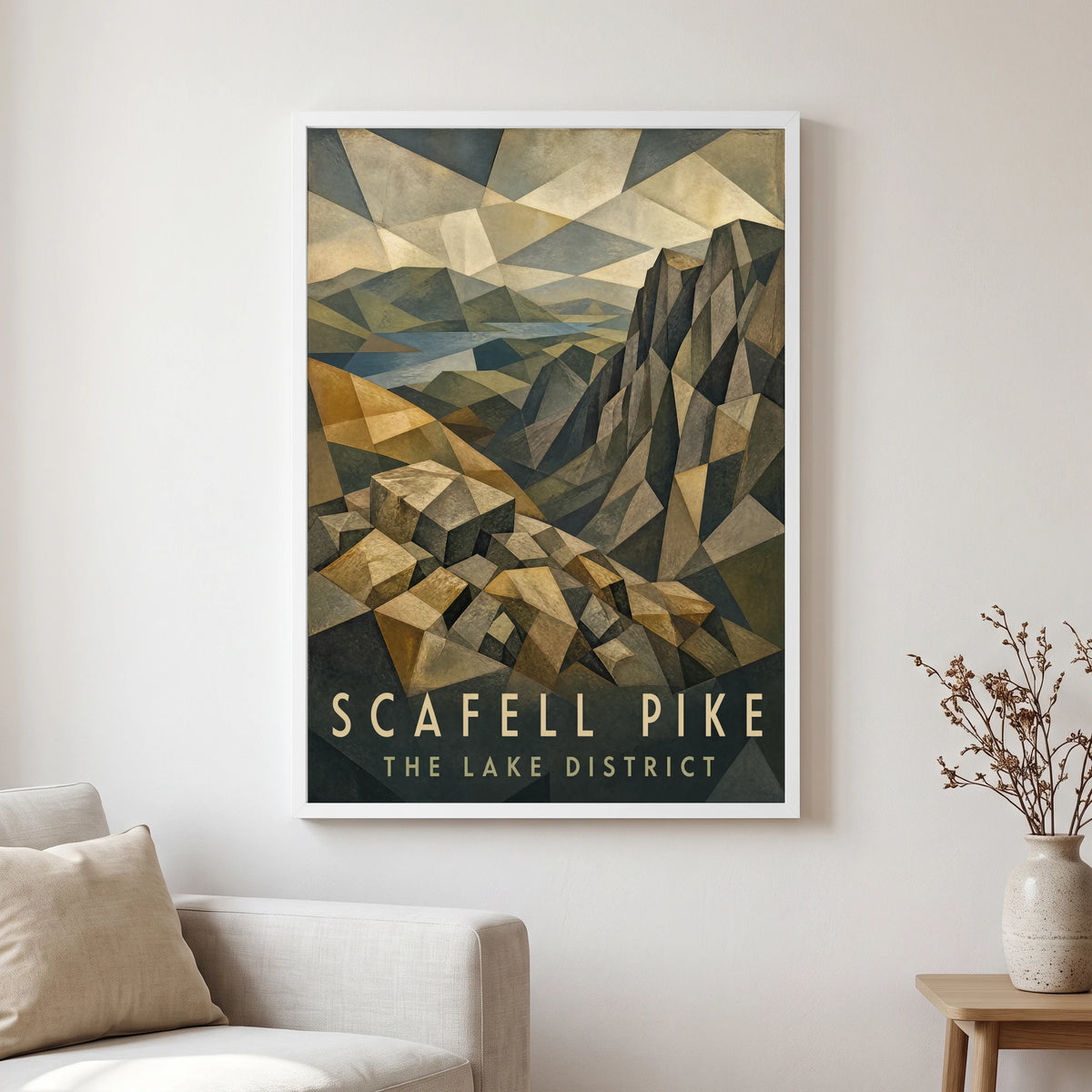 Scafell Pike travel poster in a white frame, hanging in a living2