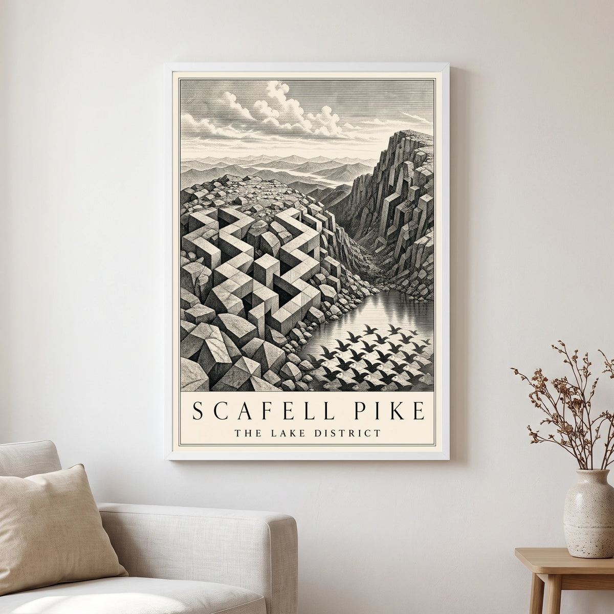 Scafell Pike travel poster in a white frame, hanging in a living2