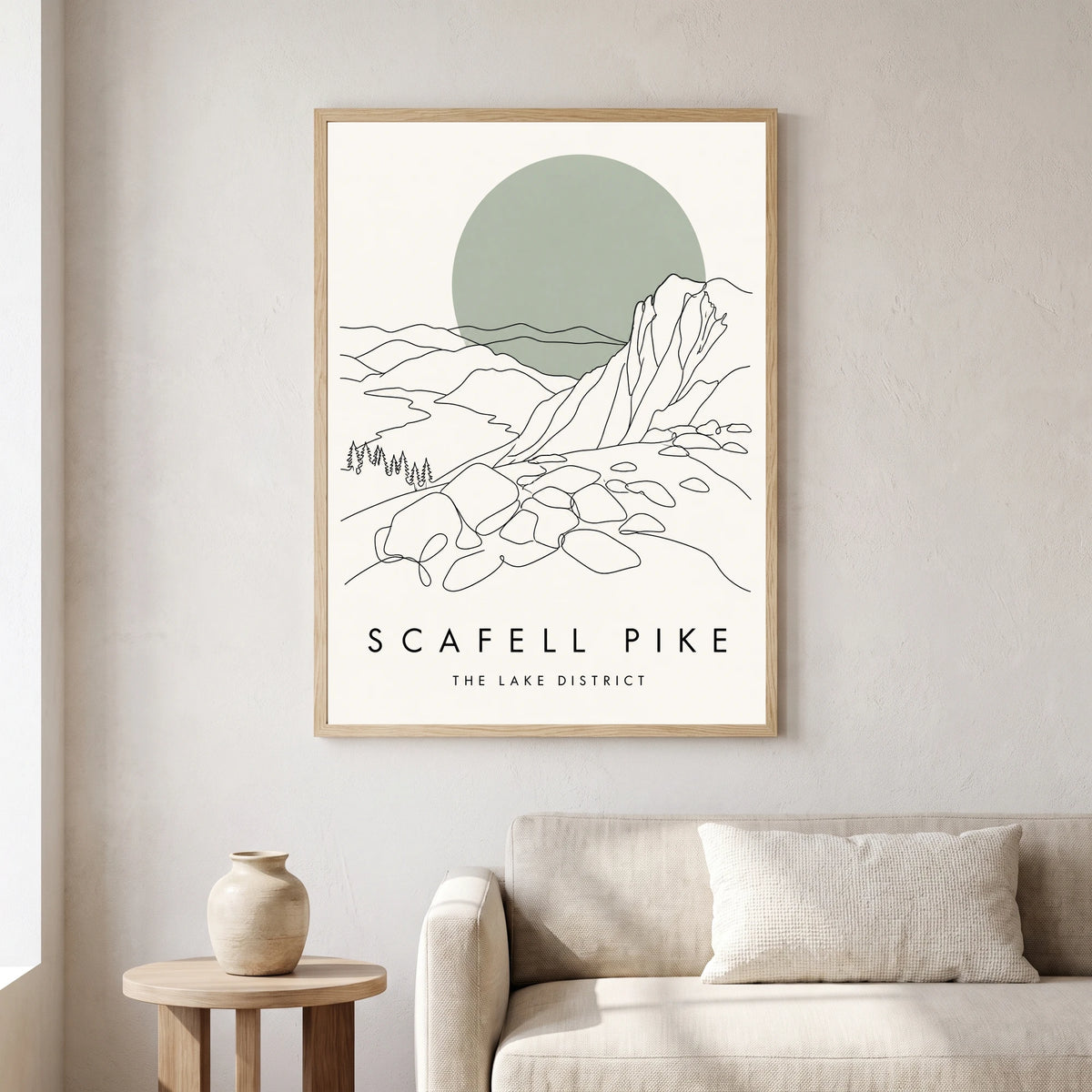 Scafell Pike travel poster in a natural frame, hanging in a living