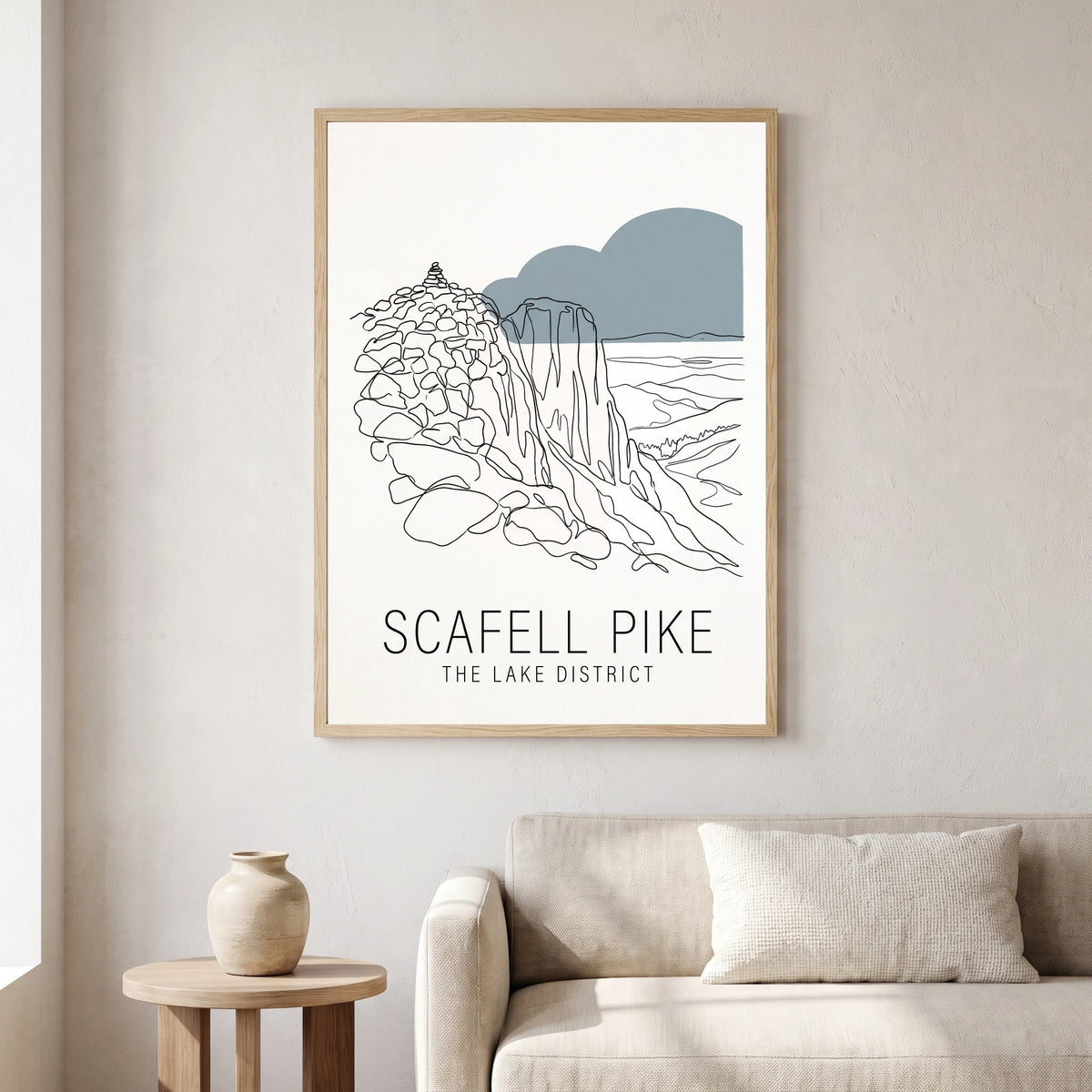 Scafell Pike travel poster in a natural frame, hanging in a living
