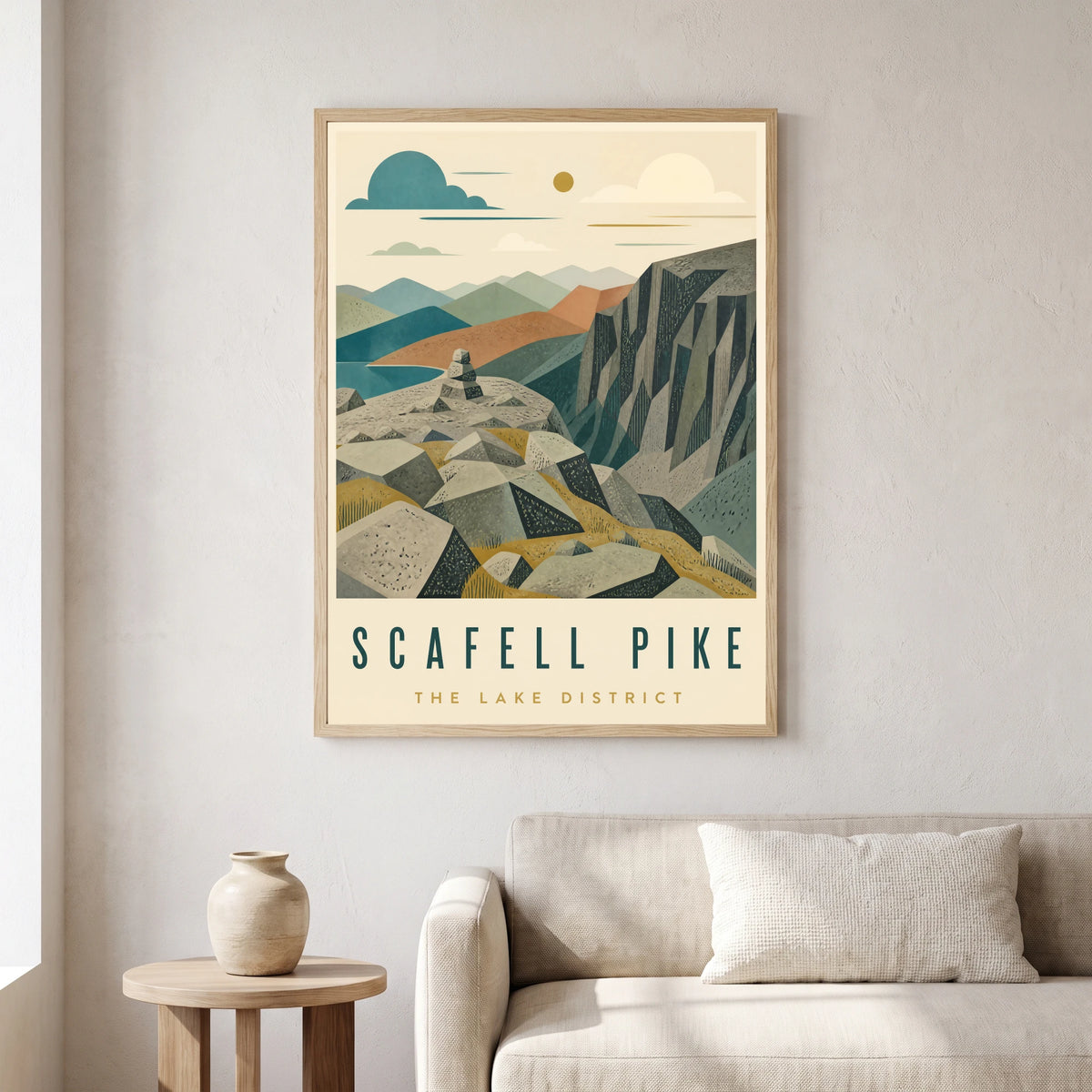 Scafell Pike travel poster in a natural frame, hanging in a living