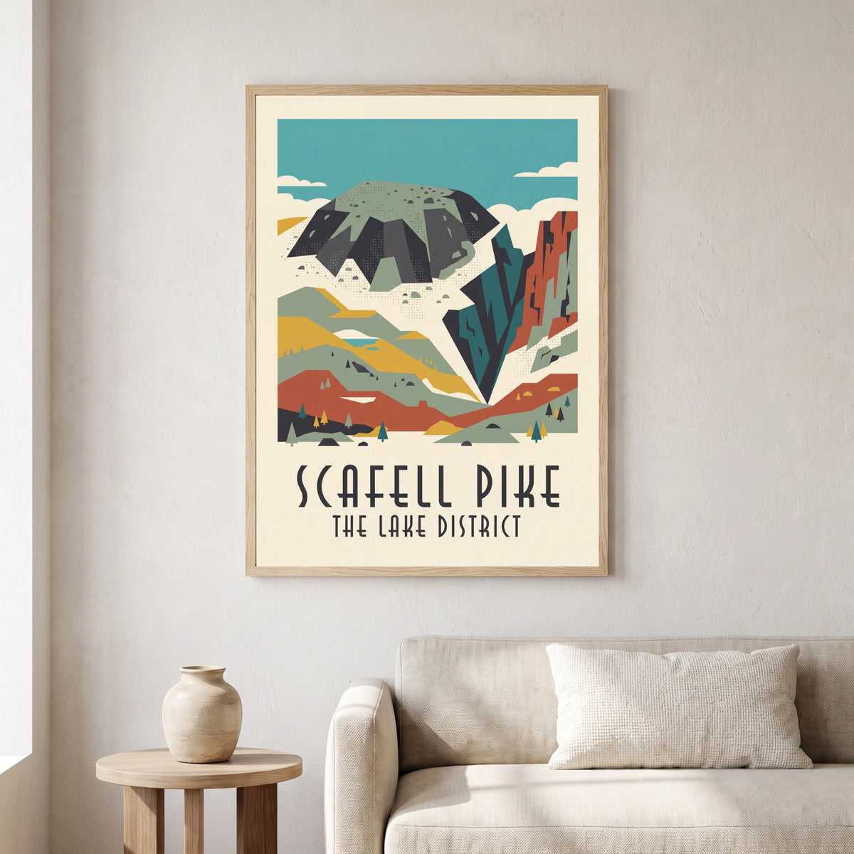 Scafell Pike travel poster in a natural frame, hanging in a living