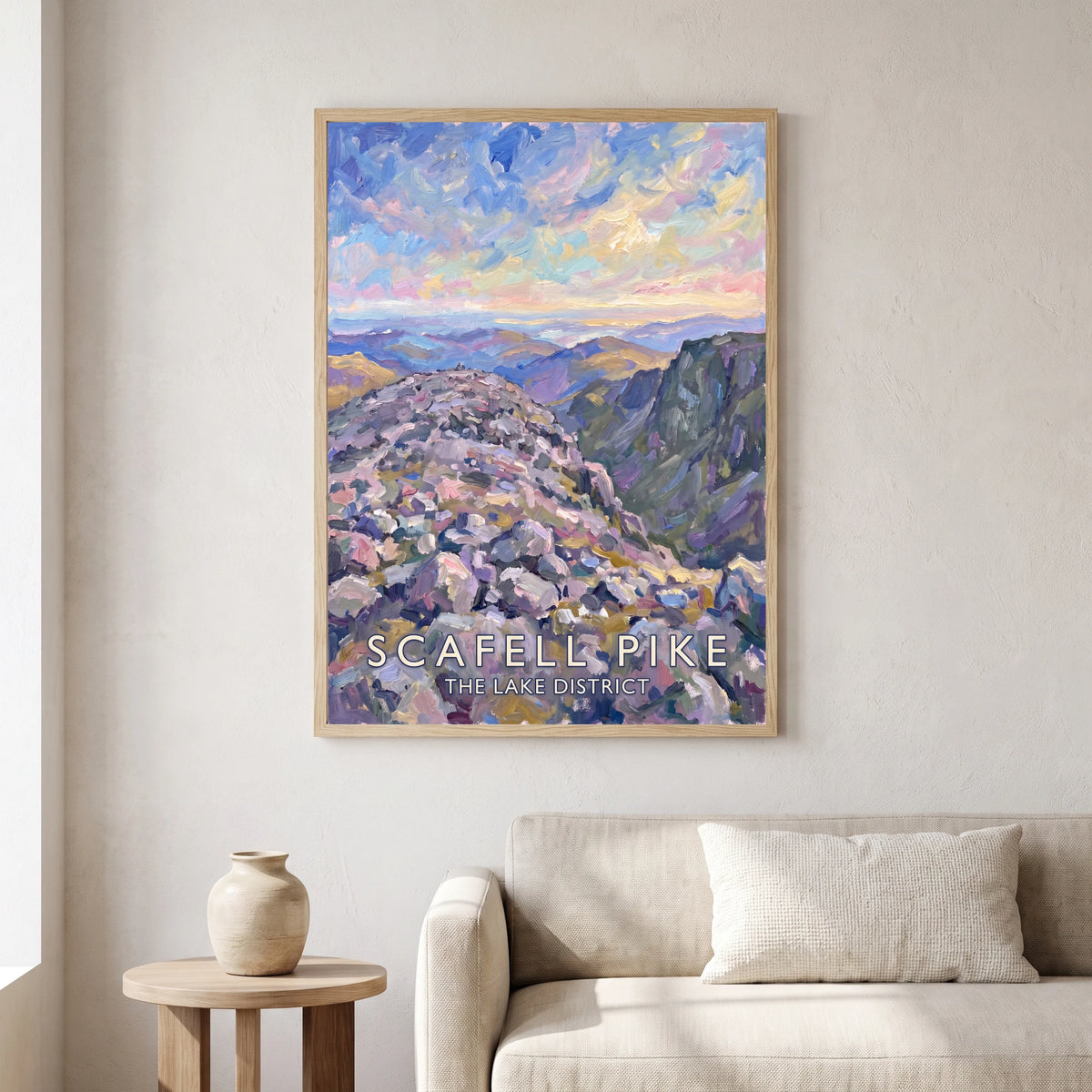 Scafell Pike travel poster in a natural frame, hanging in a living