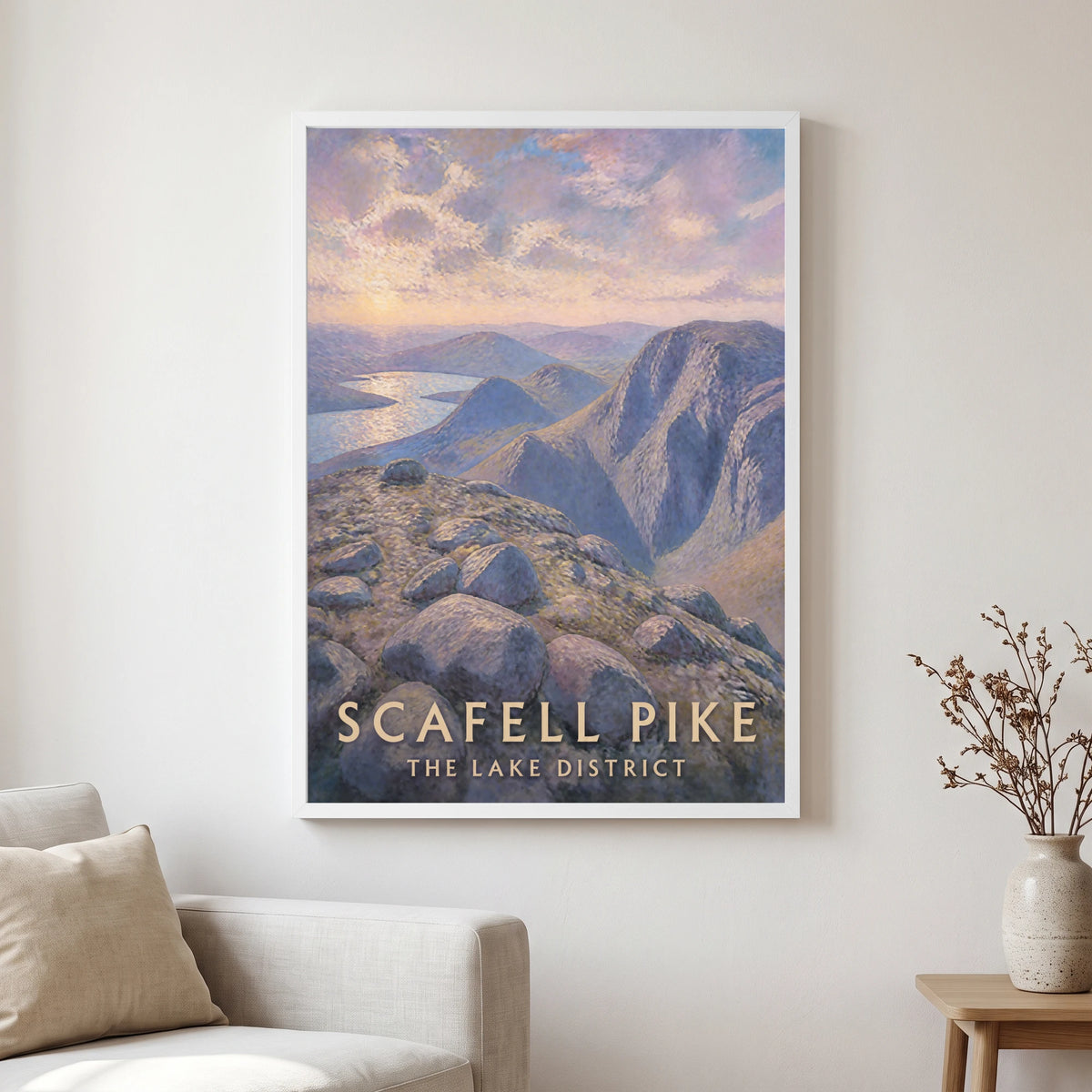 Scafell Pike travel poster in a white frame, hanging in a living2