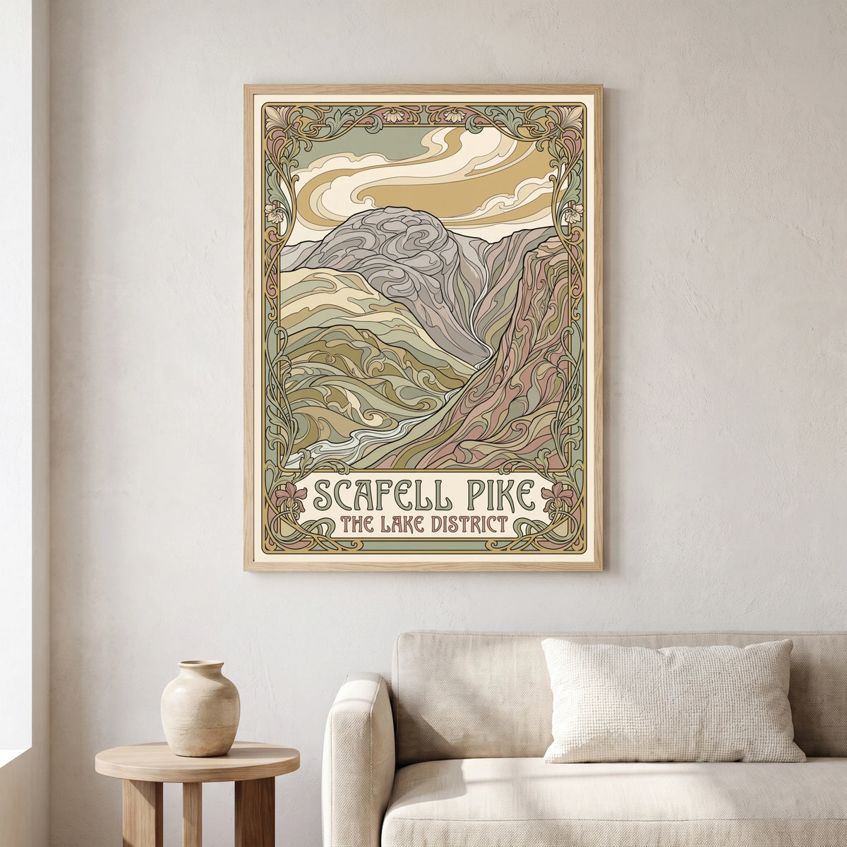 Scafell Pike travel poster in a natural frame, hanging in a living