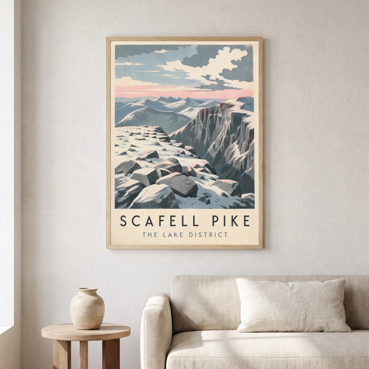 Scafell Pike travel poster in a natural frame, hanging in a living