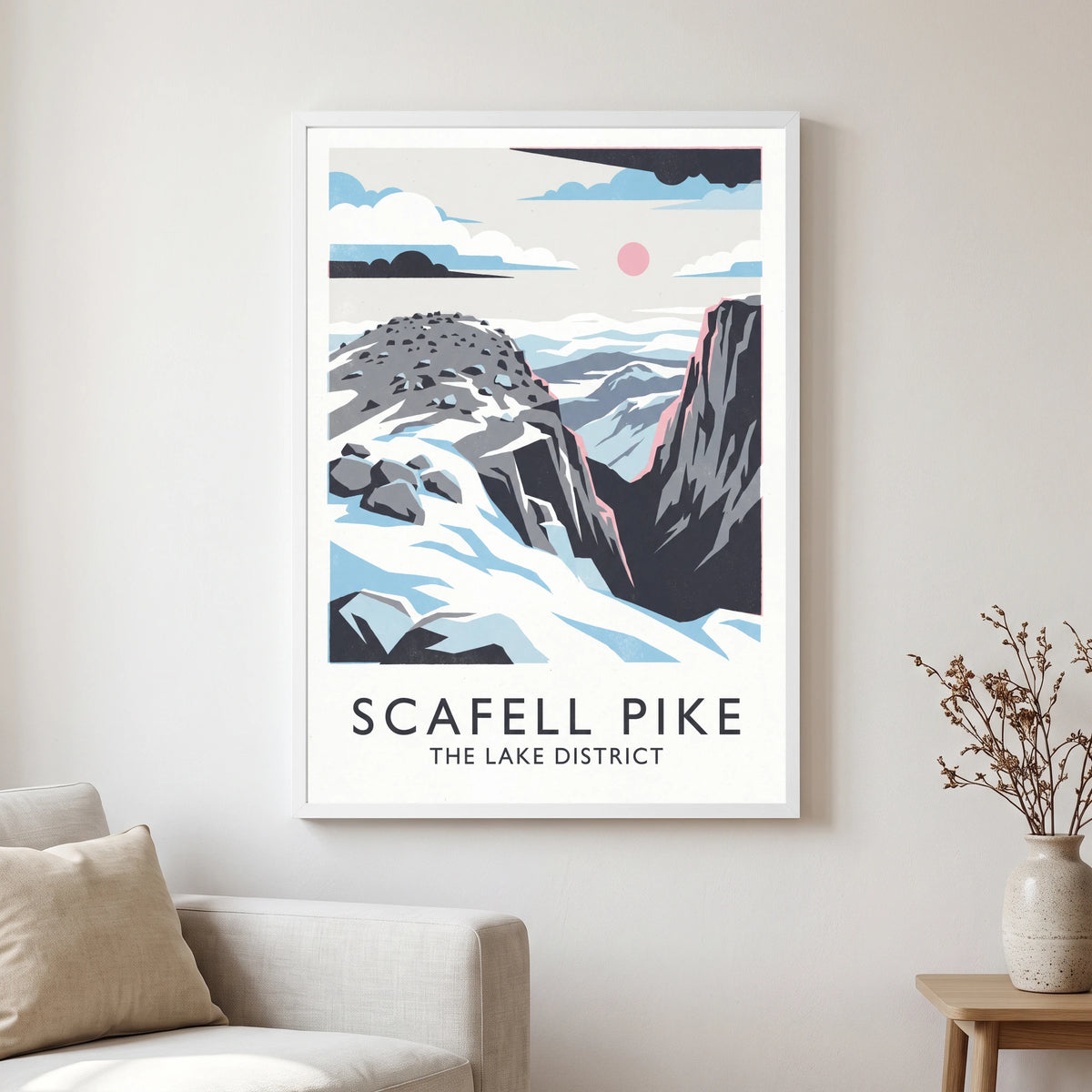Scafell Pike travel poster in a white frame, hanging in a living2
