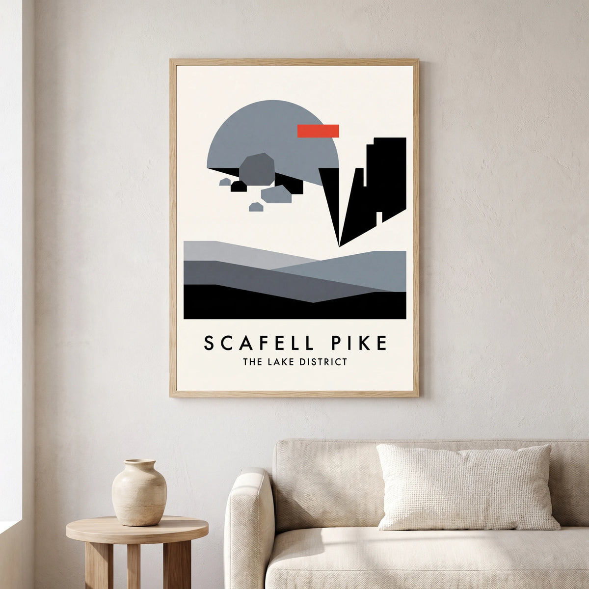 Scafell Pike travel poster in a natural frame, hanging in a living