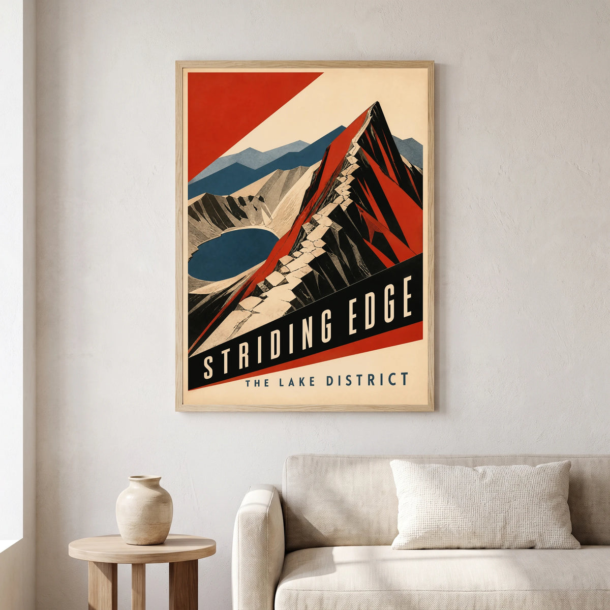 Striding Edge travel poster in a natural frame, hanging in a living