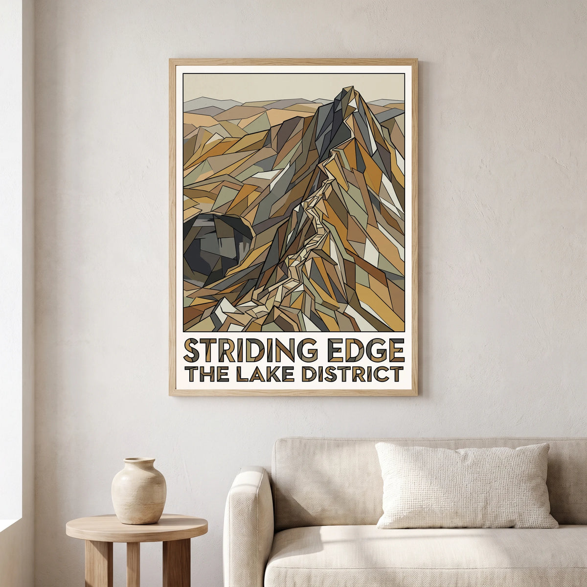 Striding Edge travel poster in a natural frame, hanging in a living