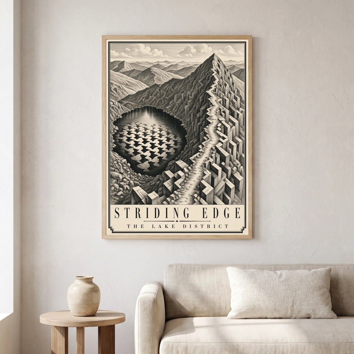 Striding Edge travel poster in a natural frame, hanging in a living