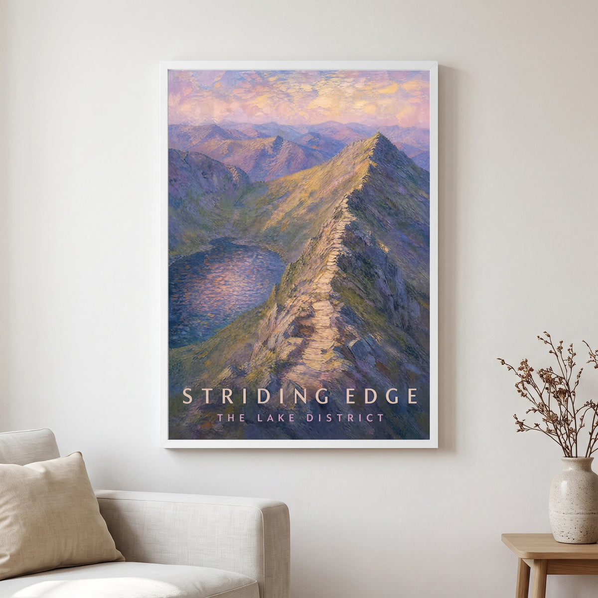 Striding Edge travel poster in a white frame, hanging in a living2