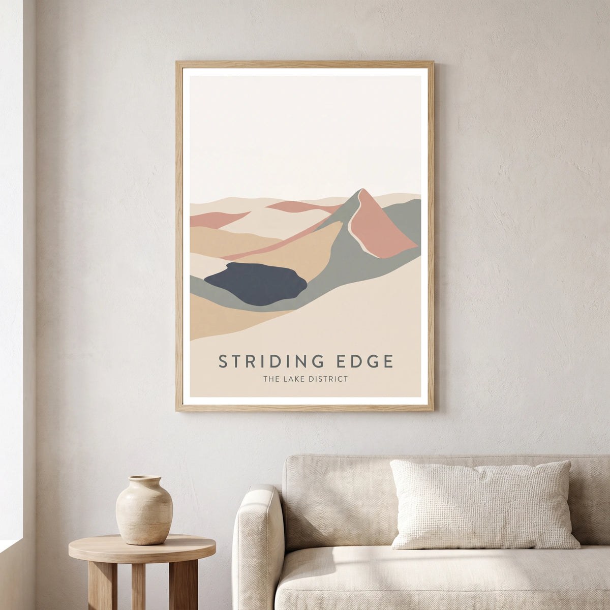 Striding Edge travel poster in a natural frame, hanging in a living