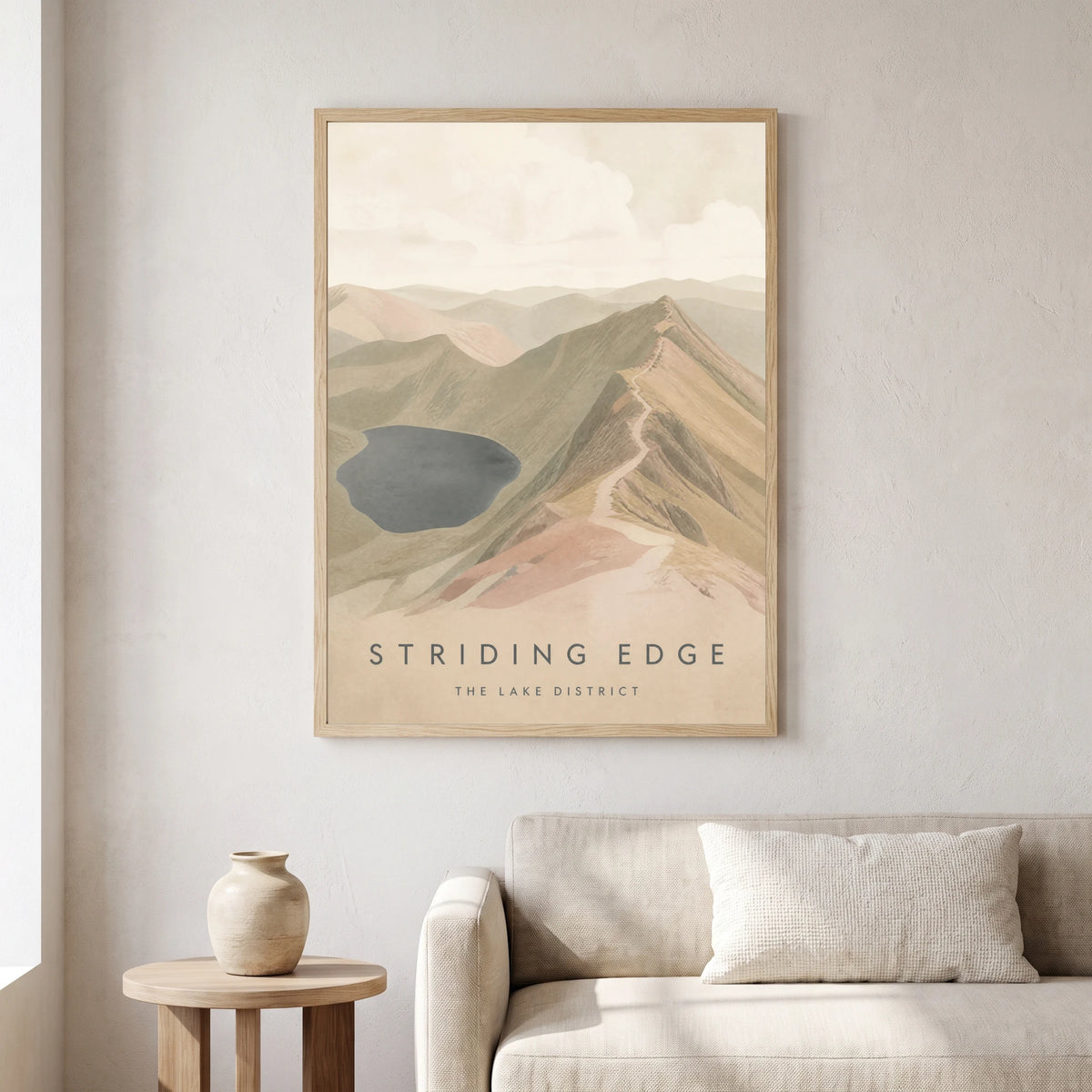 Striding Edge travel poster in a natural frame, hanging in a living