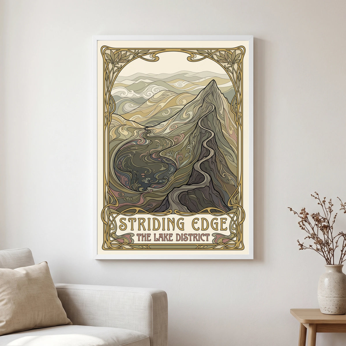 Striding Edge travel poster in a white frame, hanging in a living2