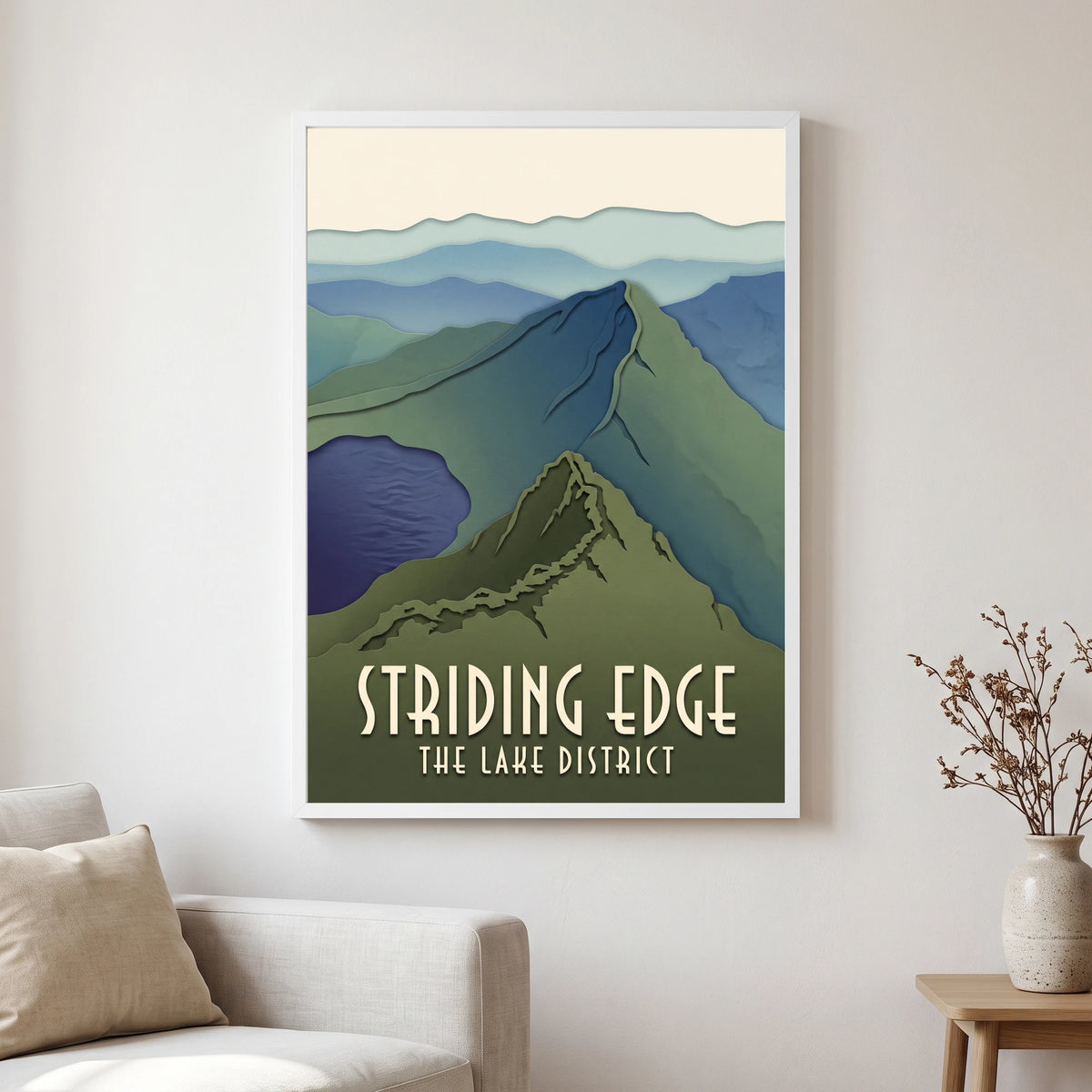 Striding Edge travel poster in a white frame, hanging in a living2