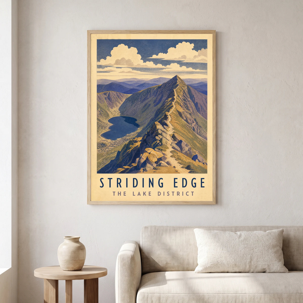 Striding Edge travel poster in a natural frame, hanging in a living