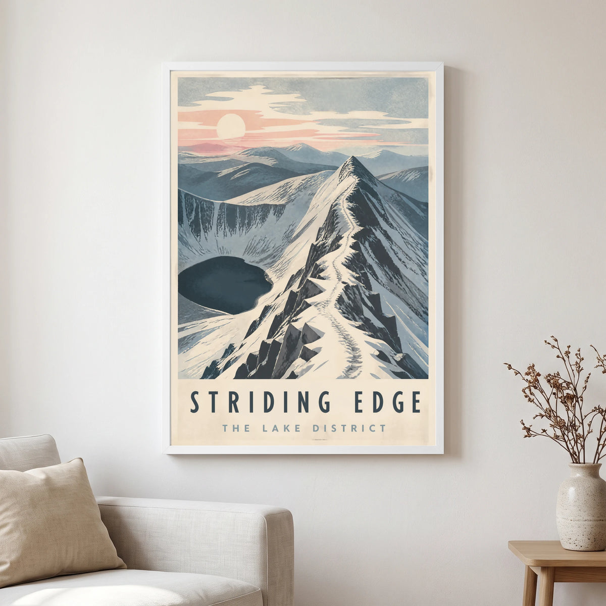Striding Edge travel poster in a white frame, hanging in a living2