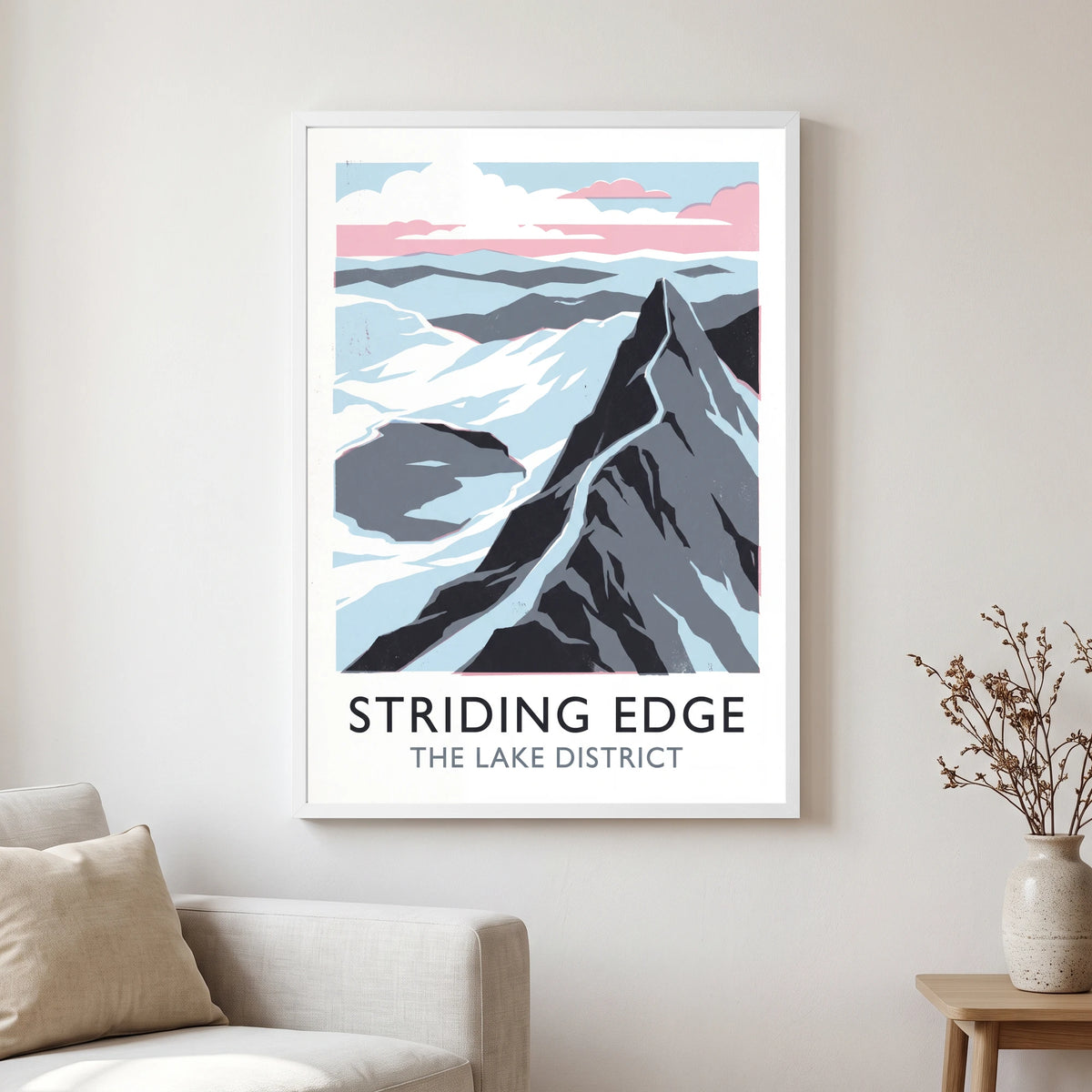 Striding Edge travel poster in a white frame, hanging in a living2