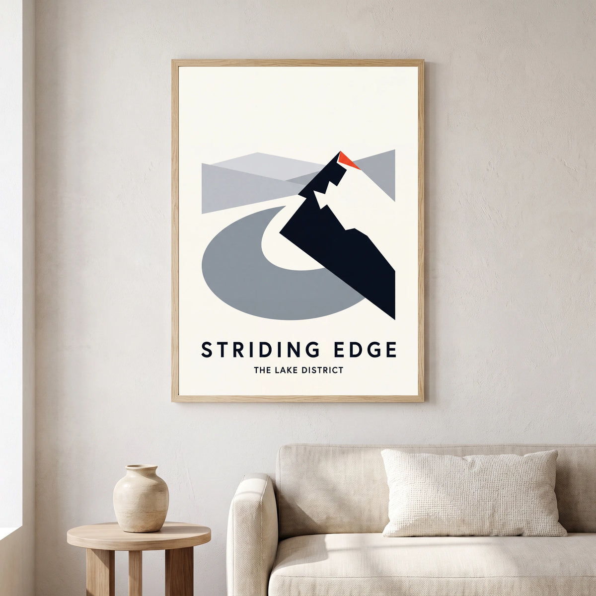 Striding Edge travel poster in a natural frame, hanging in a living