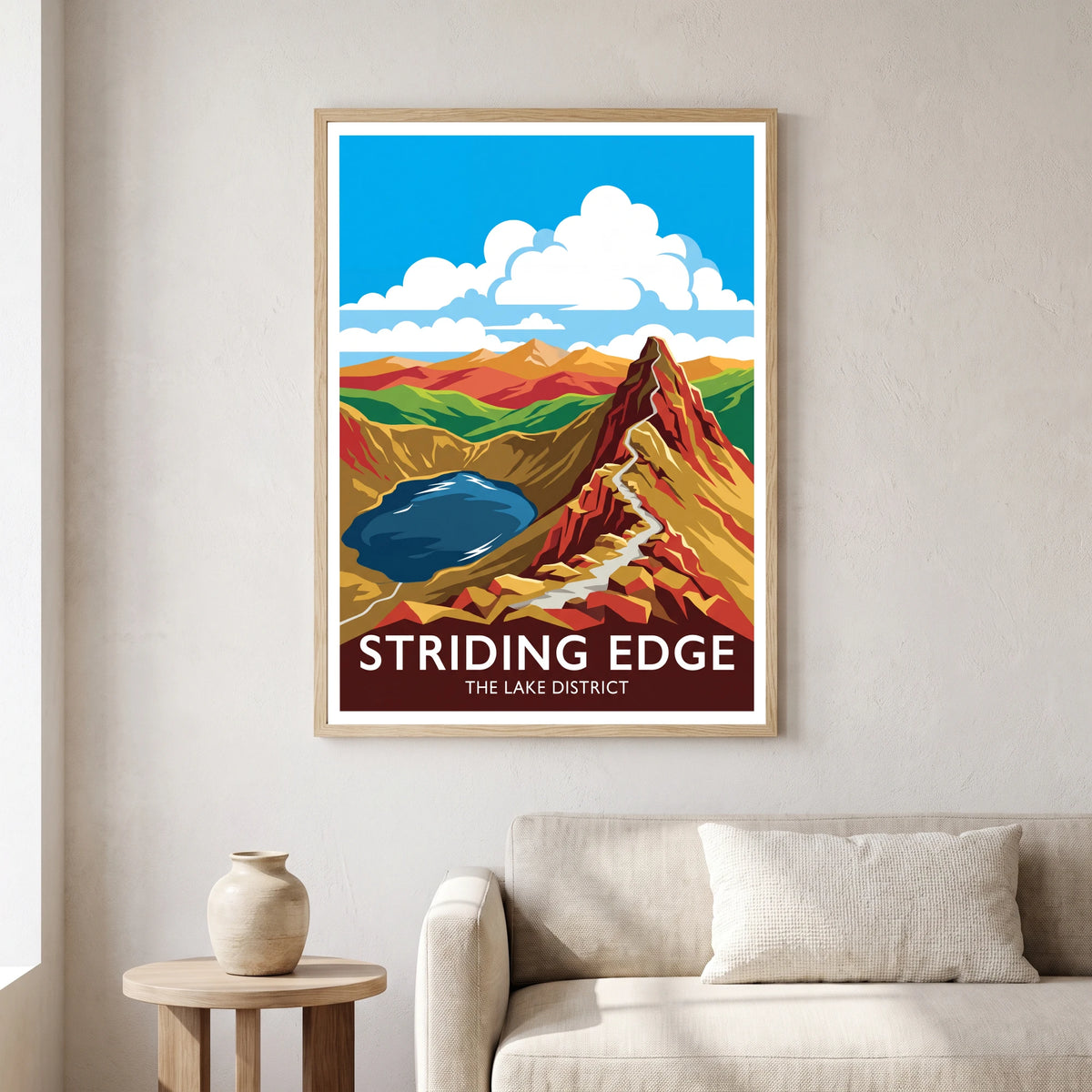 Striding Edge travel poster in a natural frame, hanging in a living