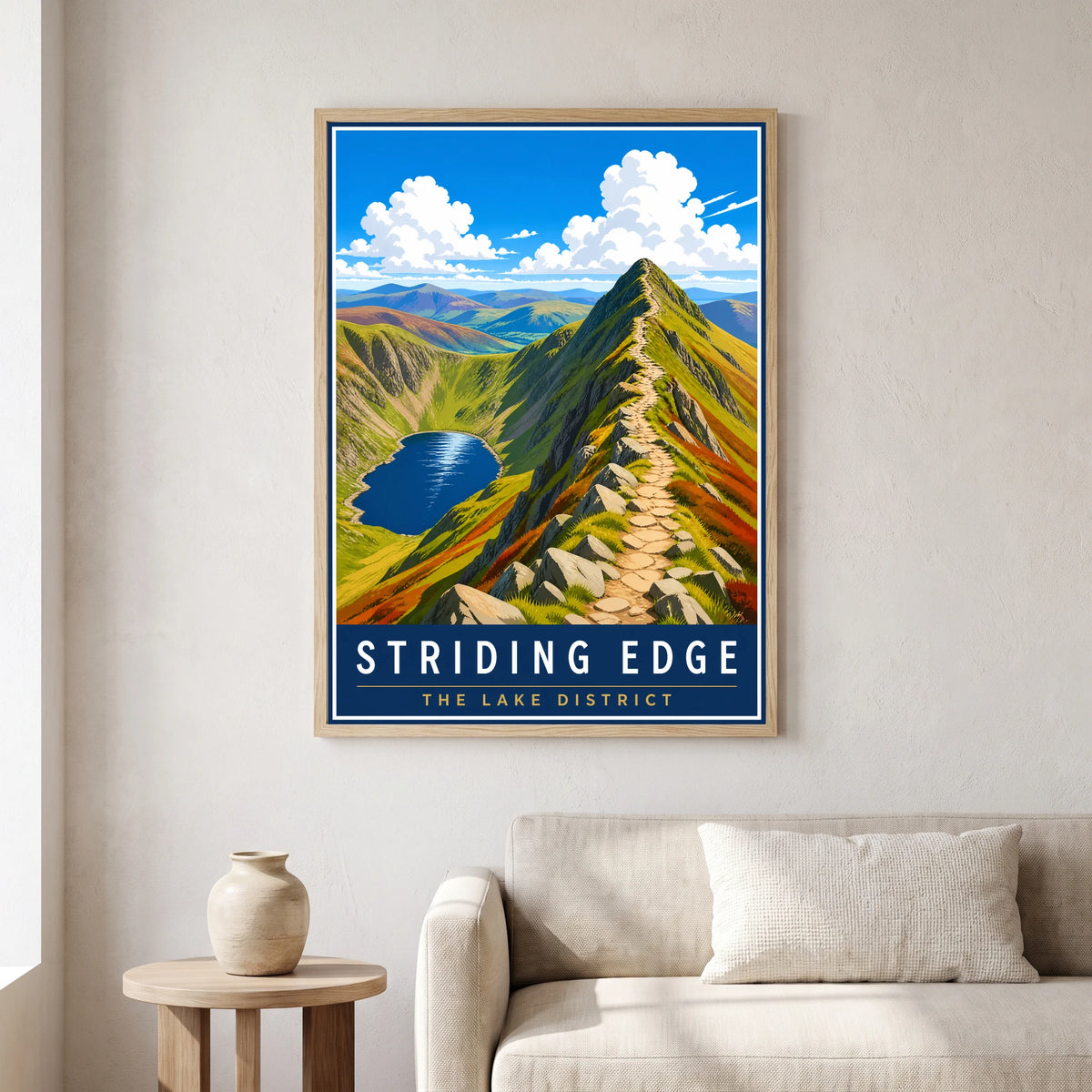Striding Edge travel poster in a natural frame, hanging in a living