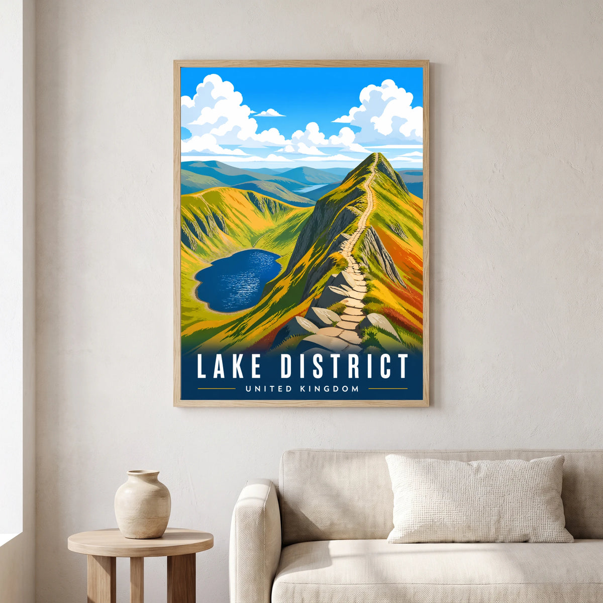 Striding Edge travel poster in a natural frame, hanging in a living