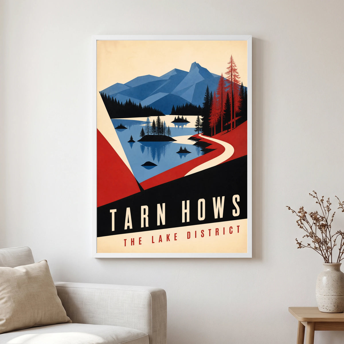 Tarn Hows travel poster in a white frame, hanging in a living2