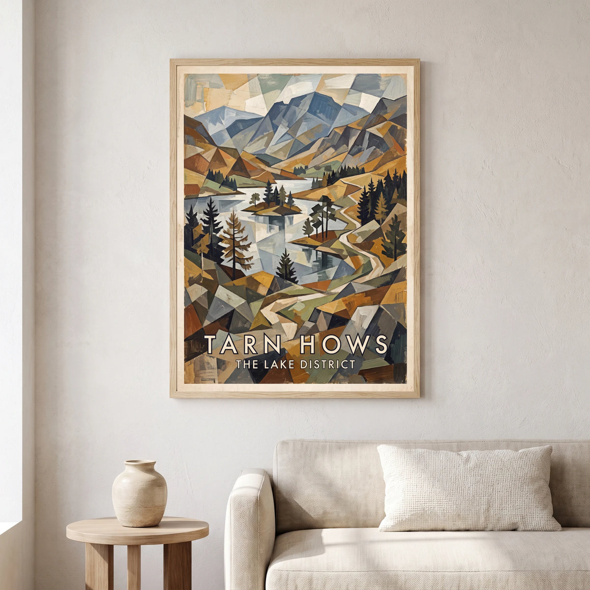 Tarn Hows travel poster in a natural frame, hanging in a living
