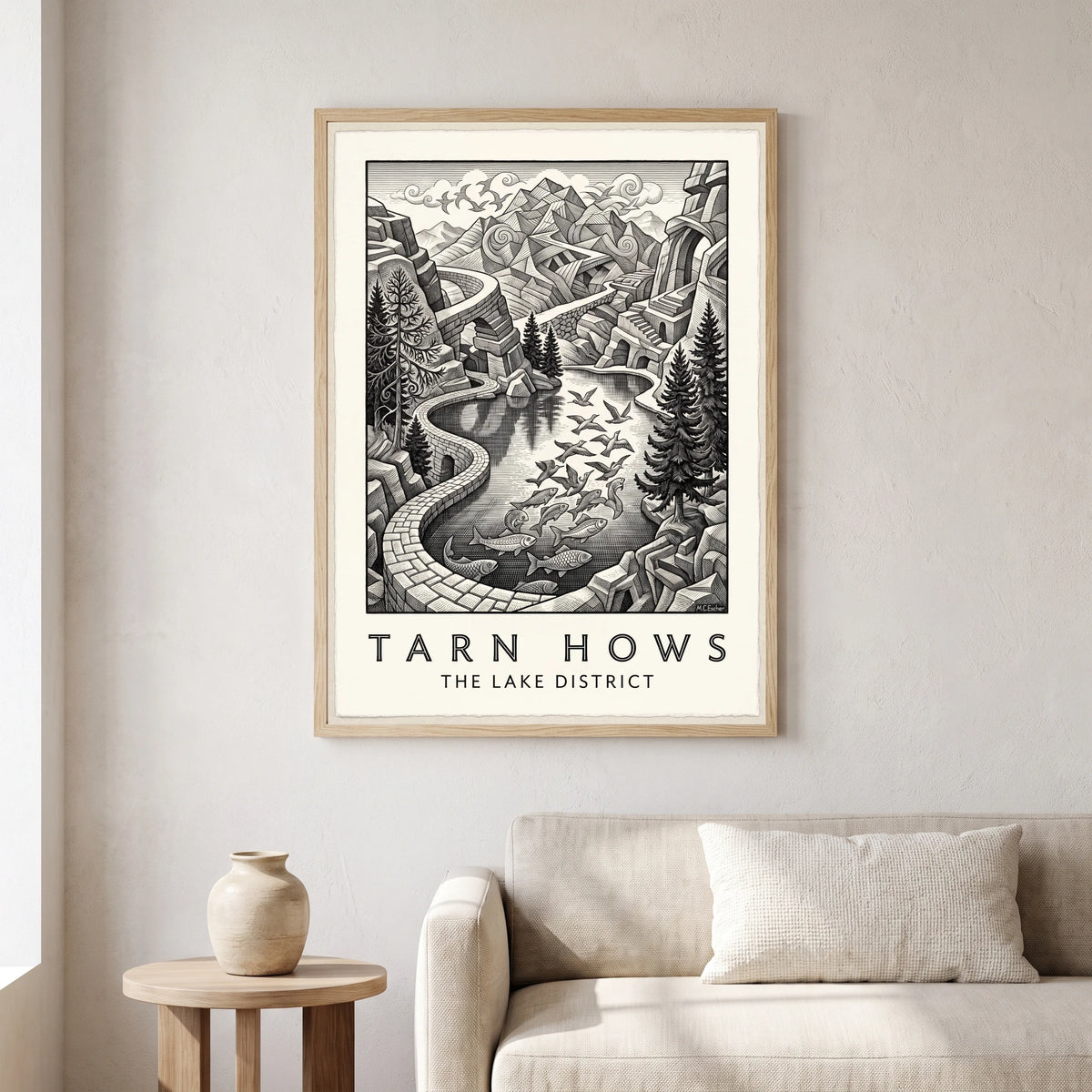 Tarn Hows travel poster in a natural frame, hanging in a living