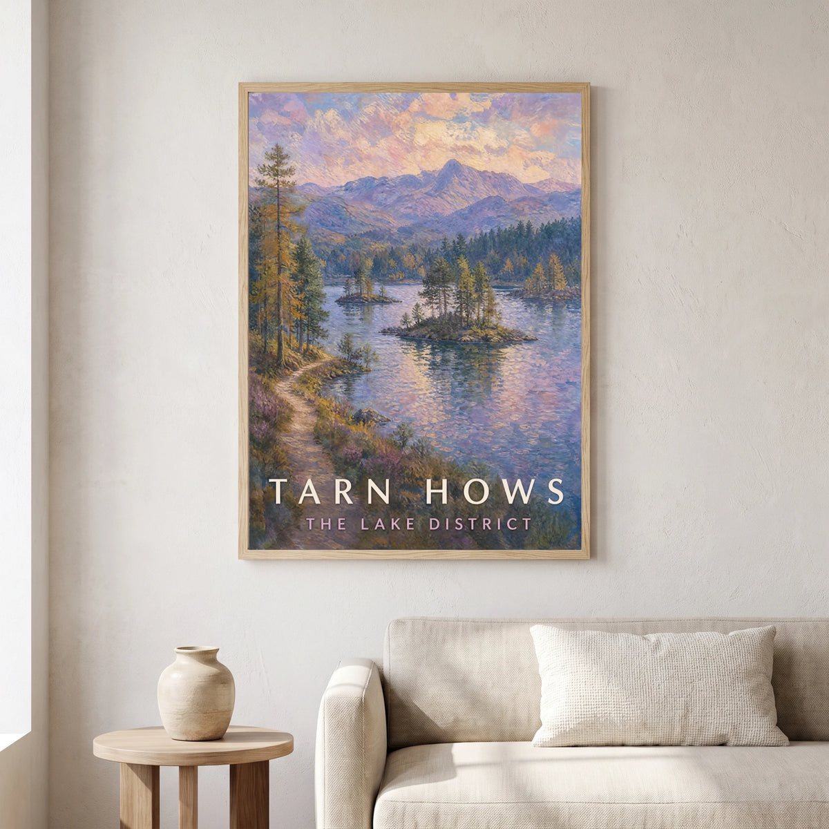 Tarn Hows travel poster in a natural frame, hanging in a living