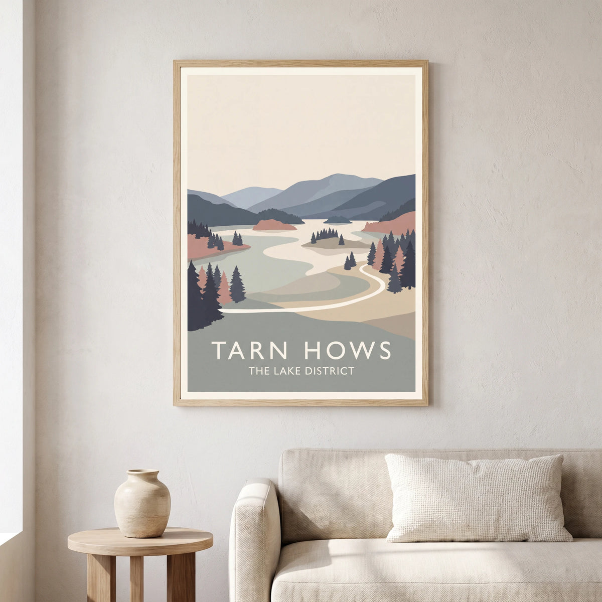 Tarn Hows travel poster in a natural frame, hanging in a living