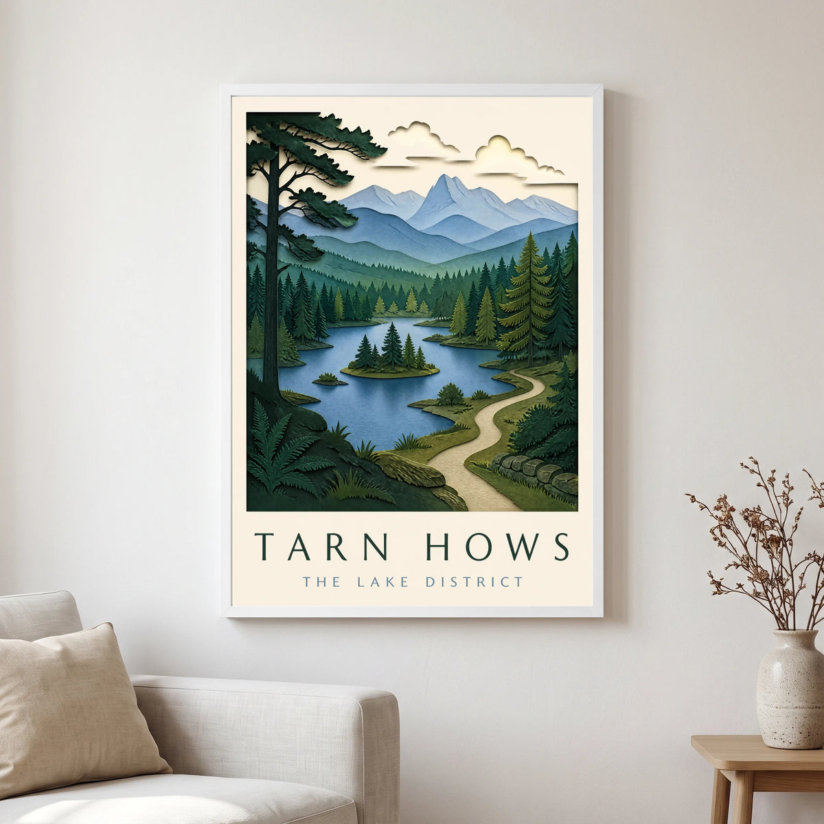 Tarn Hows travel poster in a white frame, hanging in a living2
